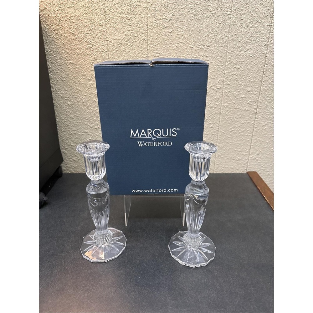 Waterford~Marquis~"Sheridan" Pair of Crystal‎ Candlestick Holders 8"